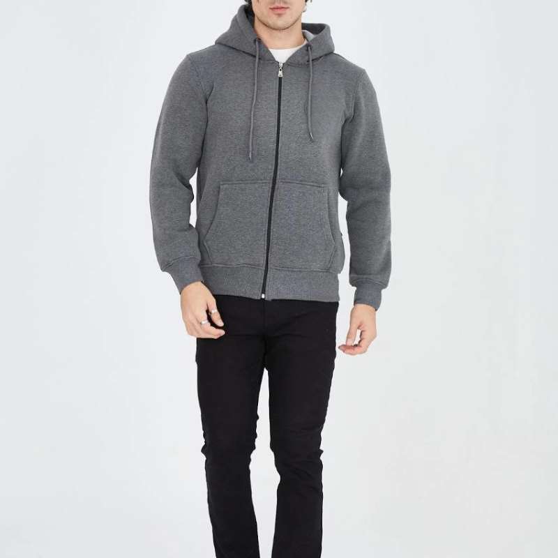 Tam Fermuarlı Kapşonlu  SweatShirt - Füme -